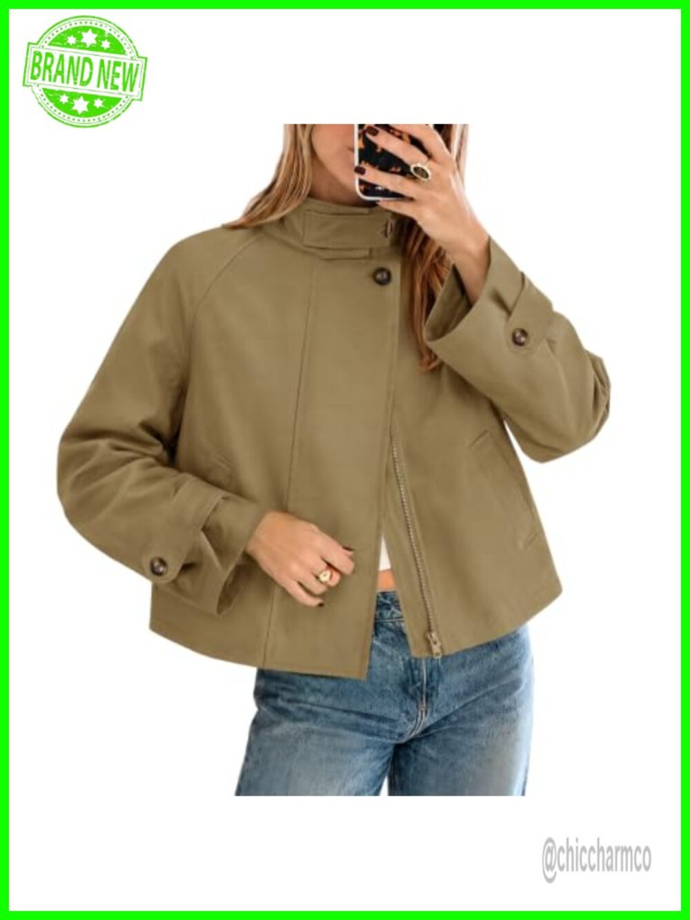 Women's Cropped Trench Coat Funnel Neck Zip Jacket Fall